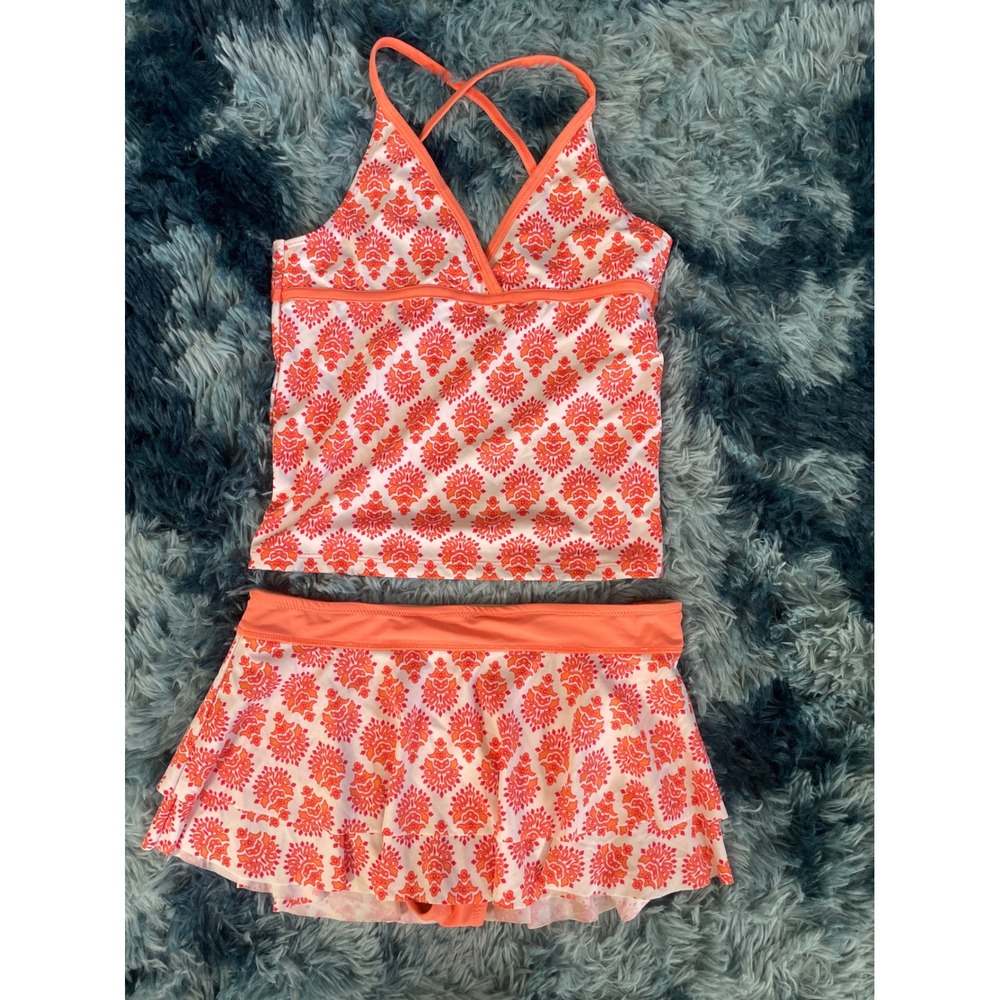 Cabana Life Kids Tankini Swimsuit Skirted Bottoms Orange White Size‎ 14